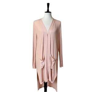 DKNY Cardigan Duster Open Front Ribbed Knit Long Sleeves Pockets Blush Pink L